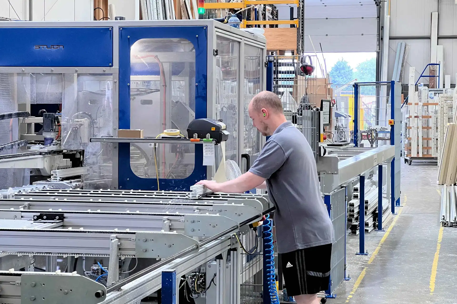 A uPVC frame being manufactured.